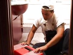 Little did this repairman know what he was getting into when he walked into this horny MILF's house until he sees her sitting on her couch giving him an upskirt that causes his dick to get hard enough to drop his toolbox and drawers so he can fuck her hai